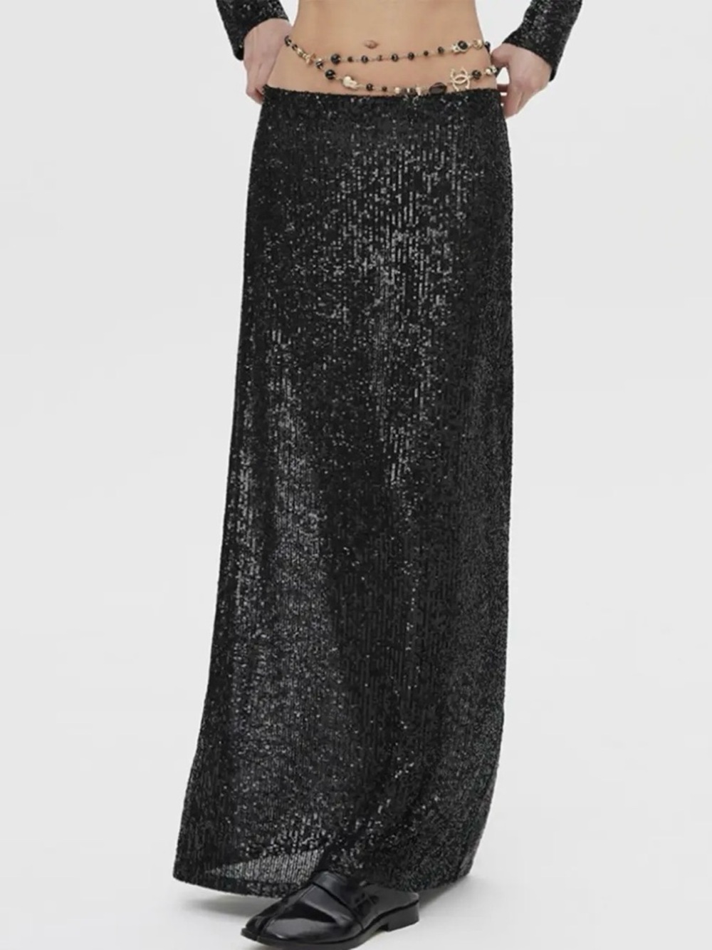 Black Sequin Maxi Skirt - Sleek Evening Skirt